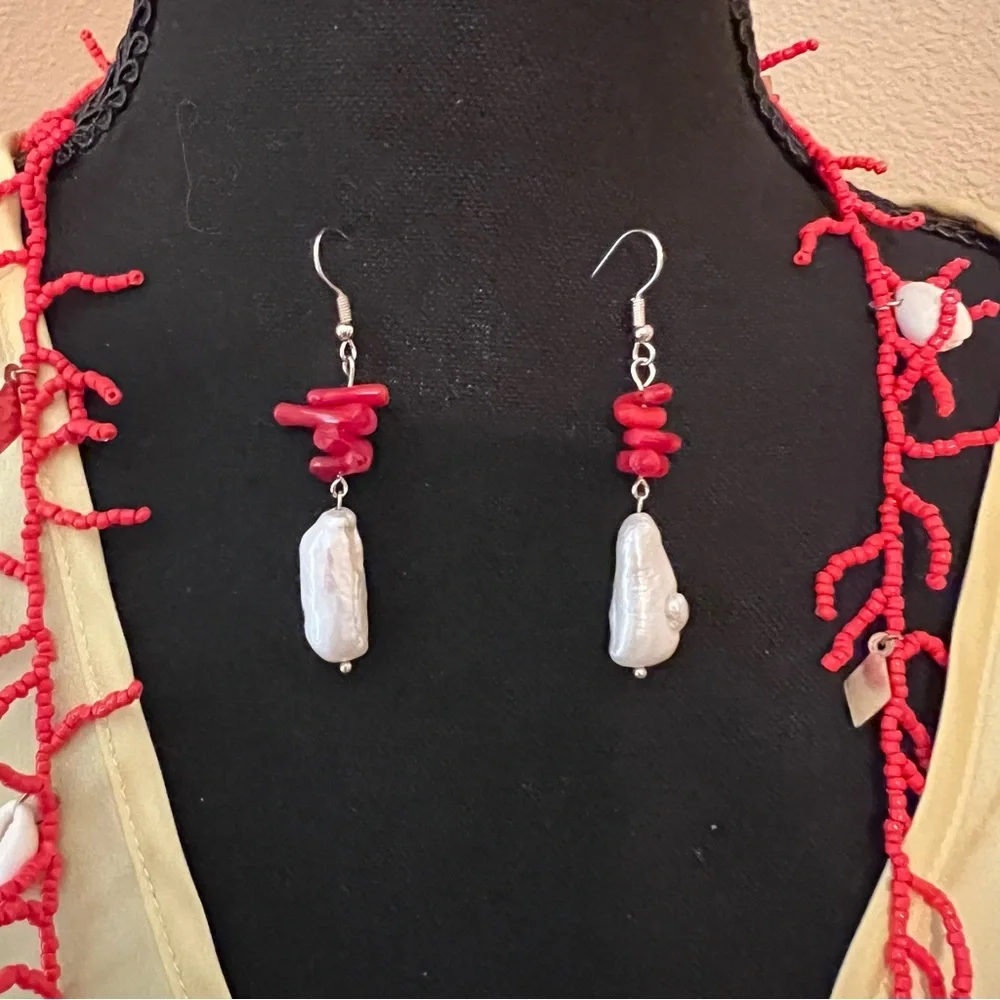Red Coral Chip Necklace & Baroque Pearl Earrings Set | Statement Jewelry